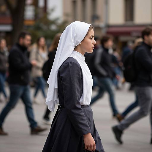 Photograph of a young woman in a traditional black nun's habit with white veil, walking in a bustling urban street. Blurred pedestrians in the background
