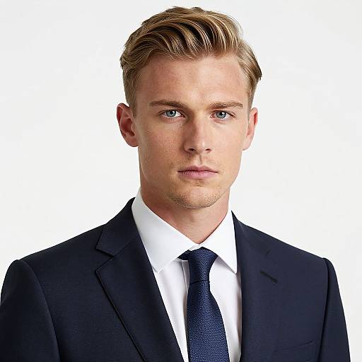 Photograph of a handsome, blond, blue-eyed man in a black suit, white shirt, and navy tie, with a serious expression against a white