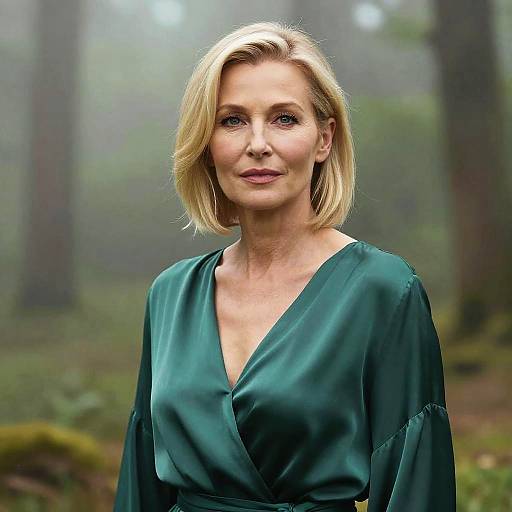Photograph of a blonde woman with shoulder-length hair, wearing a deep green V-neck blouse, standing in a misty forest.
