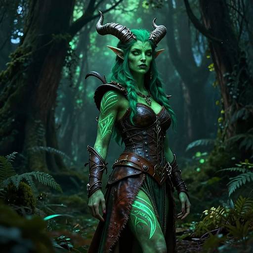 Digital artwork of a green-skinned, horned, elven demoness with glowing tattoos, wearing dark armor, standing in a misty forest.