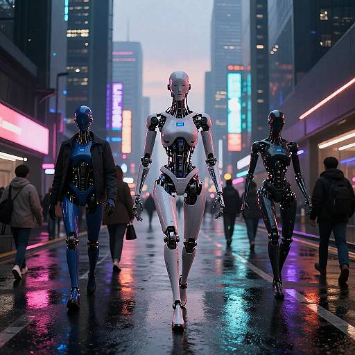 Cyberpunk photograph: Three humanoid robots walk down a neon-lit, rainy city street, surrounded by blurred, dimly lit pedestrians.