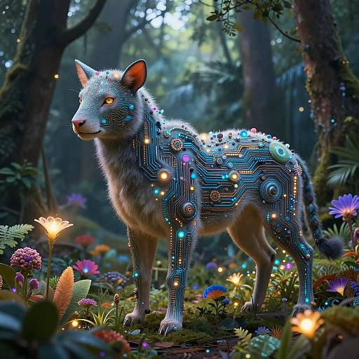 Digital artwork of a cyber-furred wolf standing in a mystical forest, adorned with glowing circuitry and colorful LED lights, surrounded by vibrant flowers and soft