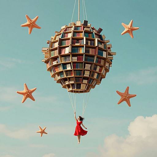 Photograph of a book-filled, spherical hanging mobile suspended by white strings, with a small red-clad figure and five orange starfish against a bright