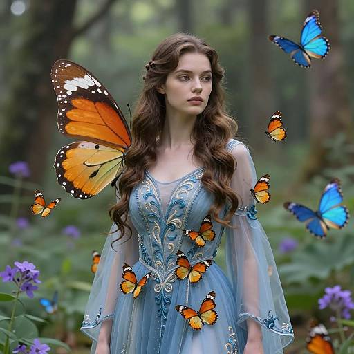 Young Woman with Butterfly Wings in Enchanted Forest