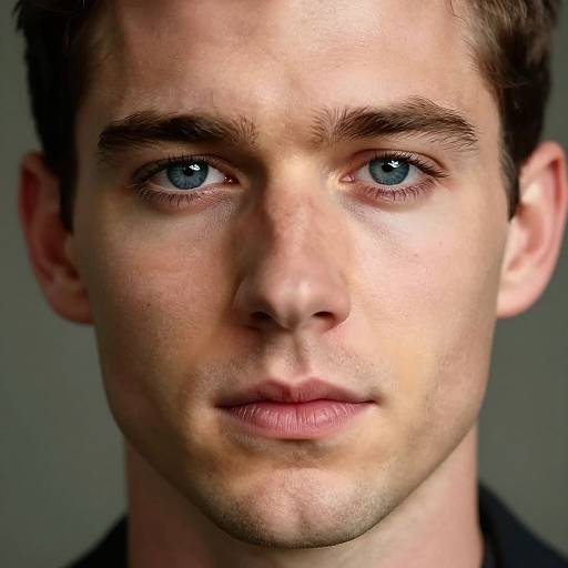 Close-up photograph of a young man with fair skin, blue eyes, short brown hair, and light stubble, looking directly at the camera.