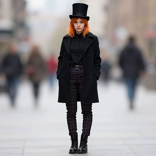 Photograph of a striking woman with orange hair, wearing a black top hat, long black coat, plaid pants, and black boots, standing on