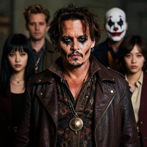 Photograph of five intense-looking individuals in dark clothing, with central focus on a man with black face paint, leather jacket, and patterned shirt,