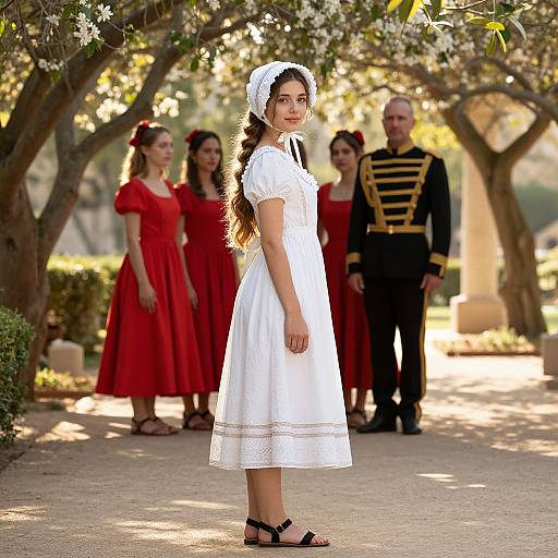 Photograph of a young girl in a white dress and white bonnet, standing on a sunlit path, surrounded by five people in red dresses and