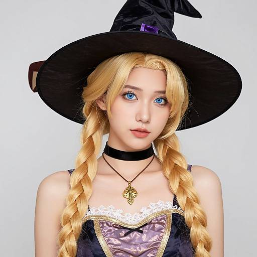 Digital CGI of a young blonde woman with blue eyes, wearing a black witch hat, black choker, and lace-trimmed purple dress. Long