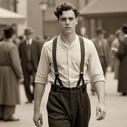 Black and white photograph of a handsome young man with wavy hair, wearing suspenders and a checkered shirt, walking confidently through a crowded, blurred