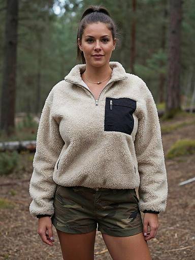 Photograph of a brunette woman with a high ponytail, wearing a white fleece jacket with a black pocket, and olive green shorts, standing in a