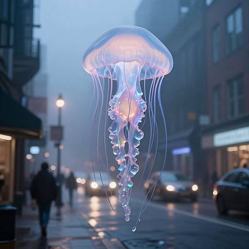 Photograph of a glowing, translucent jellyfish floating in a foggy urban street at twilight, with blurred pedestrians and streetlights in the background.