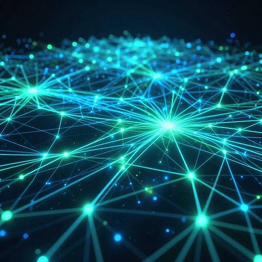 Digital CGI image of a dark blue background with glowing, bright blue star-like points connected by radiant, neon-green lines.