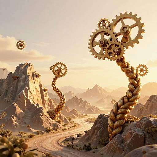 Surreal digital art: golden braided gears twisting through sunlit rocky landscape with winding road, floating gears, and misty mountains.
