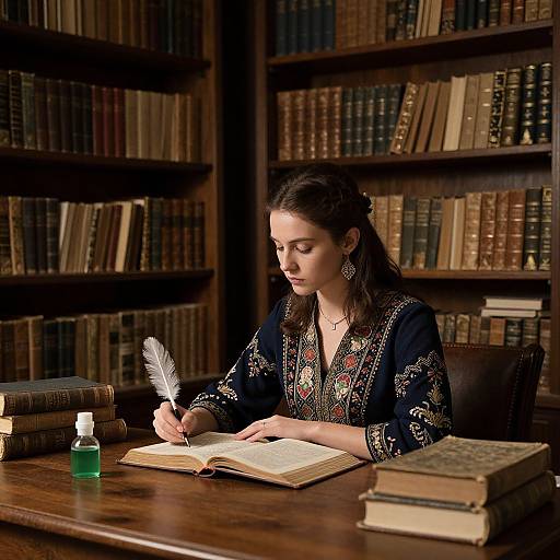 Young woman with dark hair, wearing embroidered black blouse, writing in open book with quill in library, surrounded by books.