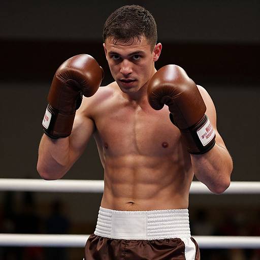 Photograph of a muscular, shirtless male boxer with short black hair, brown gloves, and white-trimmed brown shorts, in a boxing ring