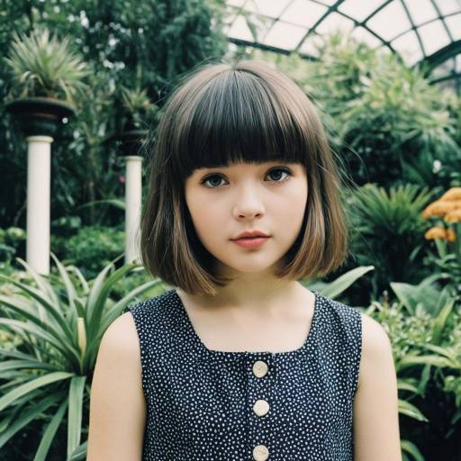 Young Girl With Baby Bangs in Botanical Garden