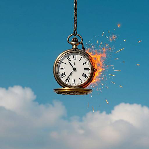Photograph of a vintage pocket watch exploding in mid-air against a bright blue sky with fluffy white clouds.