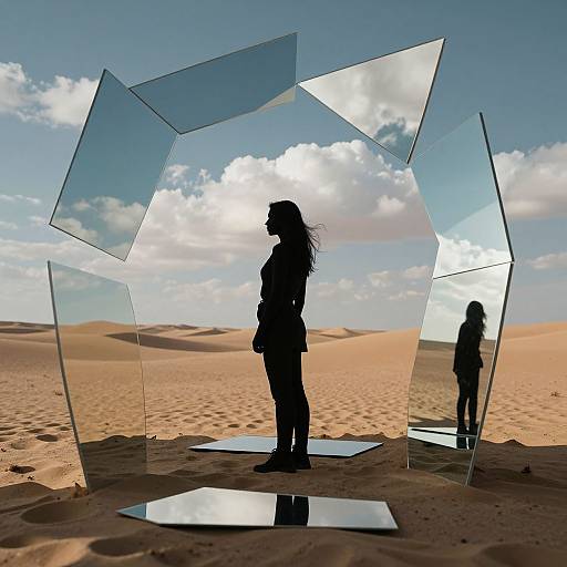 Silhouetted woman stands in desert, surrounded by transparent geometric glass panels reflecting her image against a bright, cloudy sky.