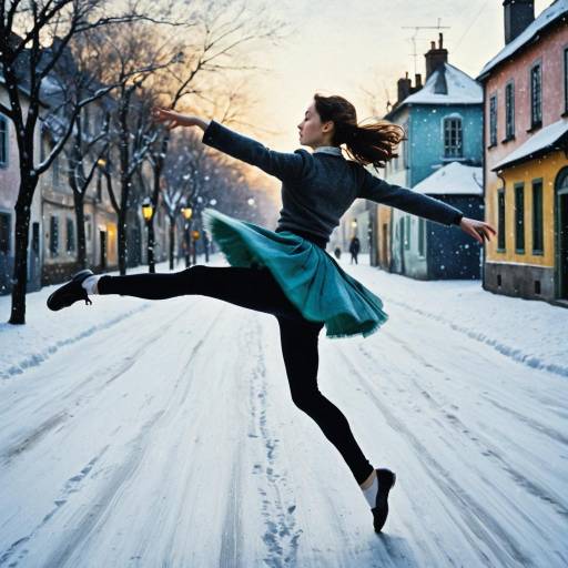 Young dancer leaping on snowy street at dawn
