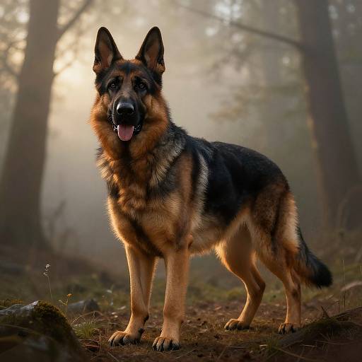Photograph of a German Shepherd standing in a misty forest, sunlight filtering through trees, dog's mouth open, tongue out, alert.