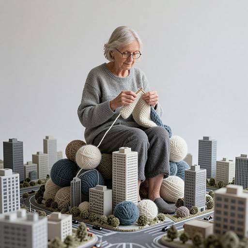 Photograph: elderly woman with short gray hair, glasses, gray sweater, and dark pants knitting on a cityscape made of yarn balls and small buildings