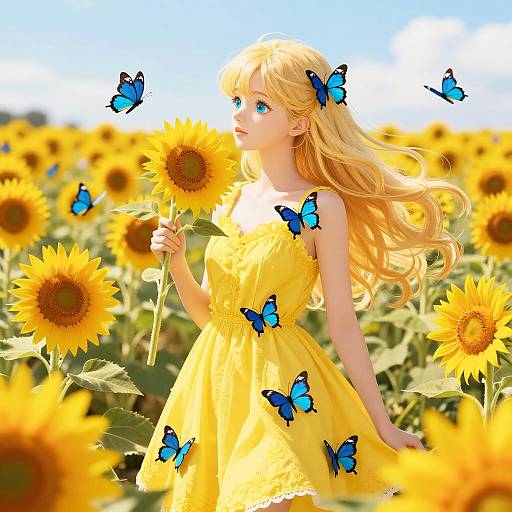 Anime Woman in Sunflower Field with Blue Butterflies