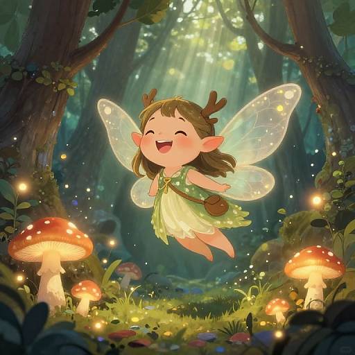 Chibi fairy with antlers, glowing wings, green dress, and brown hair joyfully flies over a magical forest with glowing mushrooms.