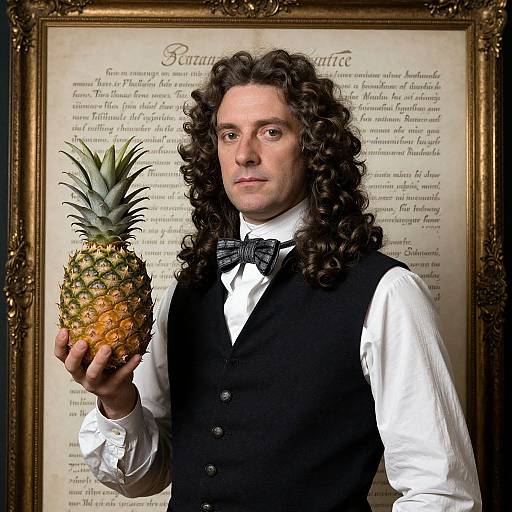 Photograph of a man with long curly brown hair, wearing a black vest and bowtie, holding a pineapple against a framed text background.