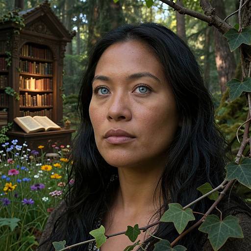 Photograph of an attractive woman with long black hair, blue eyes, and light brown skin, standing in a lush forest garden with a wooden bookshelf