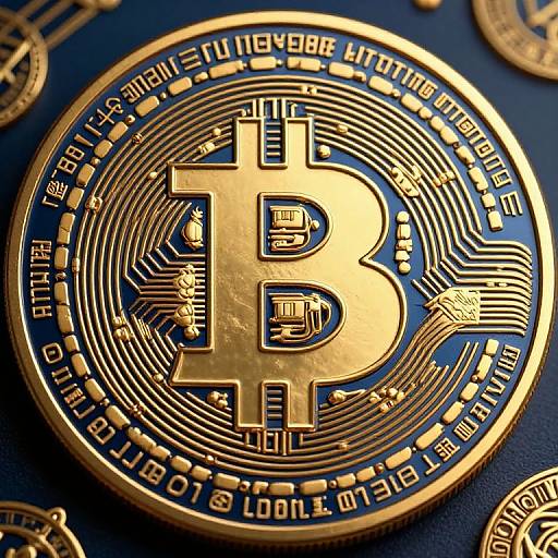 Close-up photograph of a gold Bitcoin coin with detailed circuit patterns and text, set against a blue background with other coins.