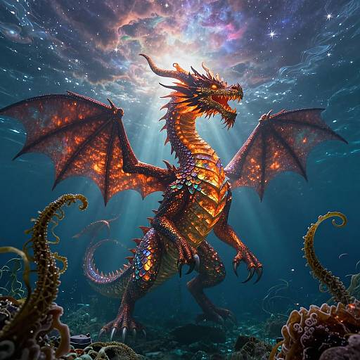 Digital painting of a fiery red dragon with glowing scales, large wings, and sharp claws, underwater surrounded by glowing coral and tentacles, illuminated by sunlight