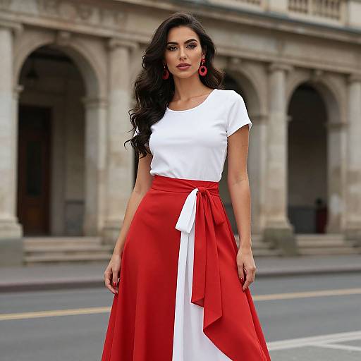 Photograph of a confident woman with long black hair, wearing a white top and red skirt with a white tie, standing in front of a historic,