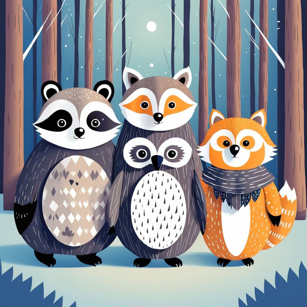 Whimsical Friends: Raccoon, Bear, and Owl