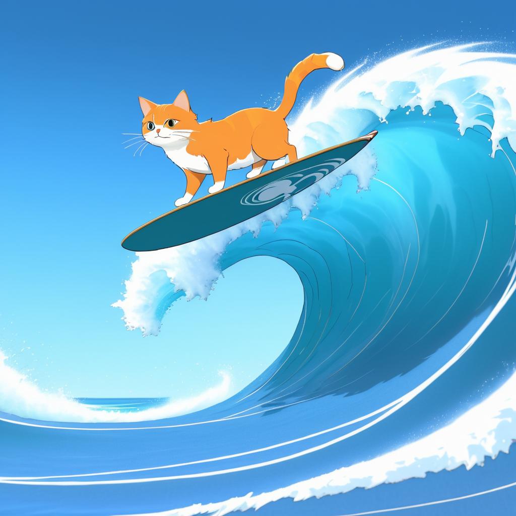 Cartoon Cat Surfing a Giant Wave