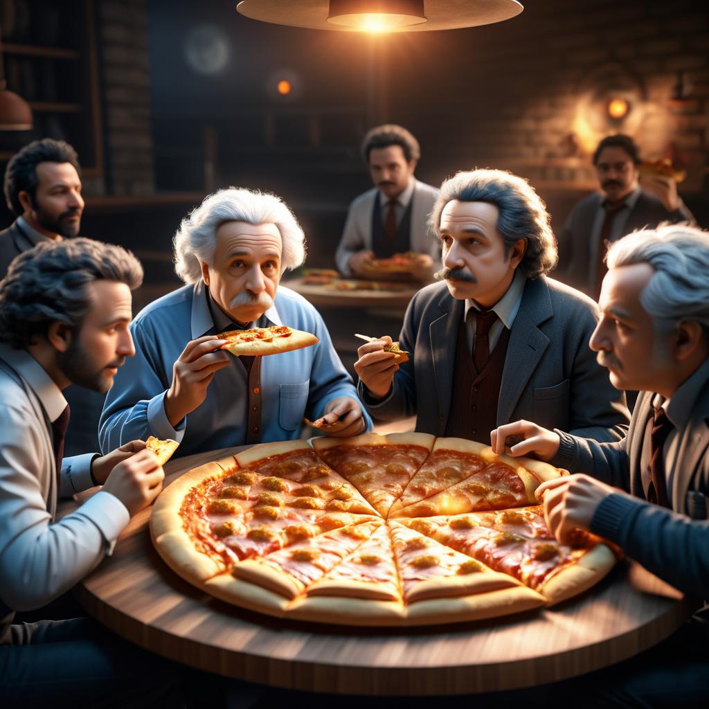 Einstein Enjoying Pizza with Scientists