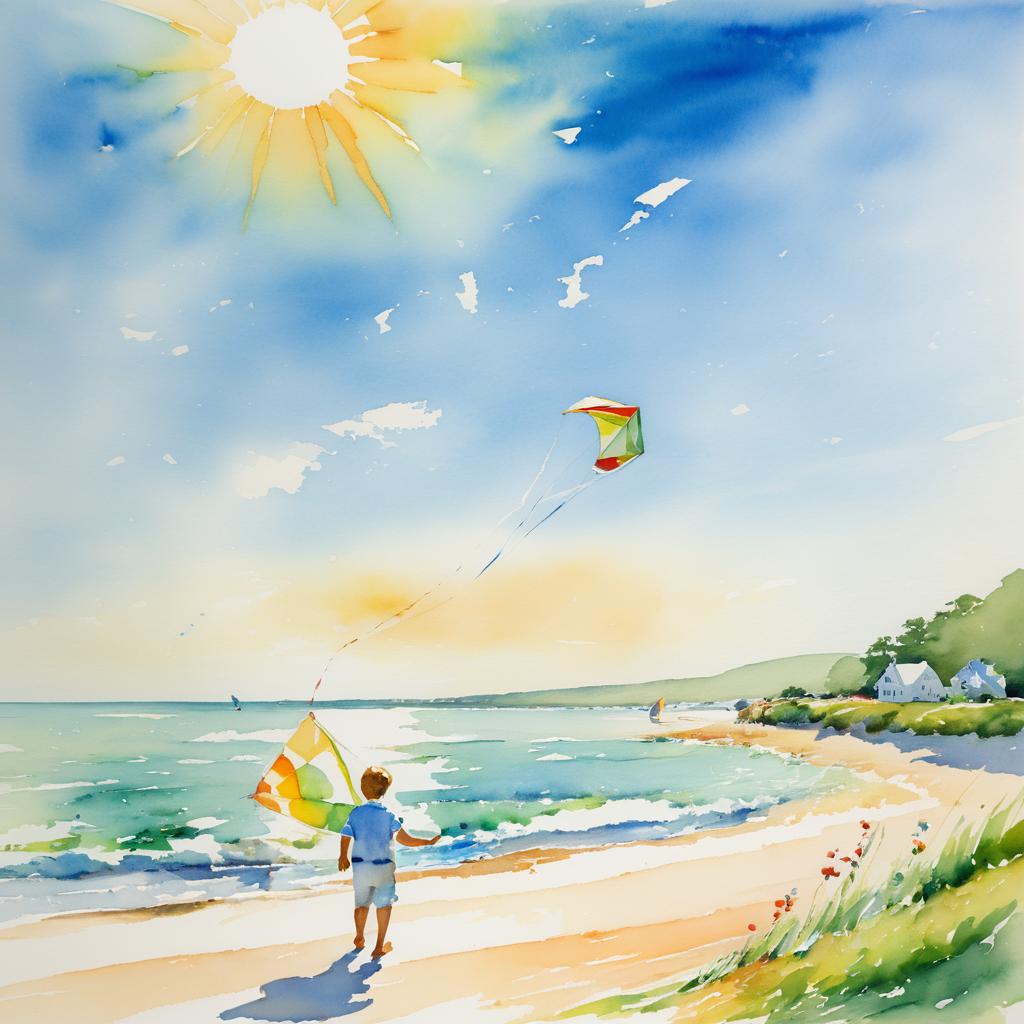 Watercolor of Boy Flying a Kite