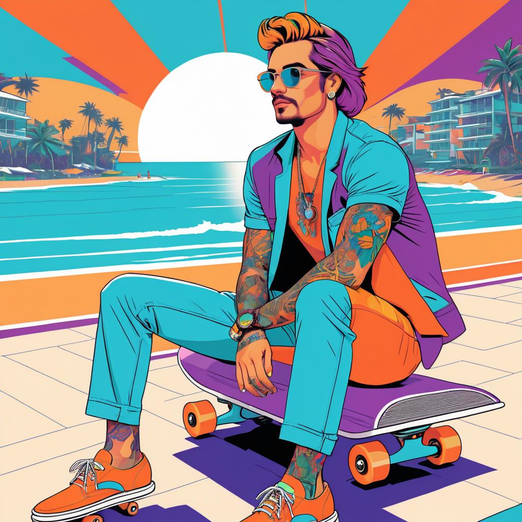 Stylish Pop Art Skateboarder by the Sea