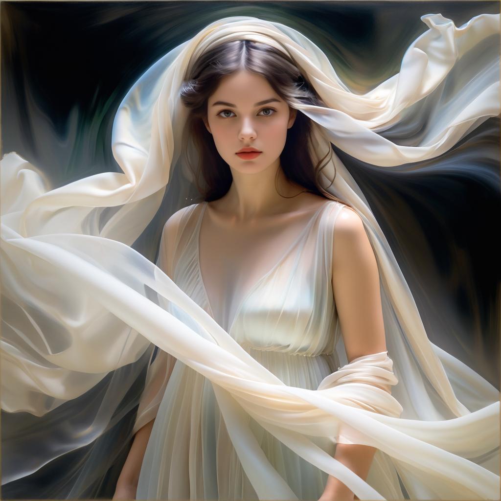 Ethereal Veiled Girl in Soft Drapery