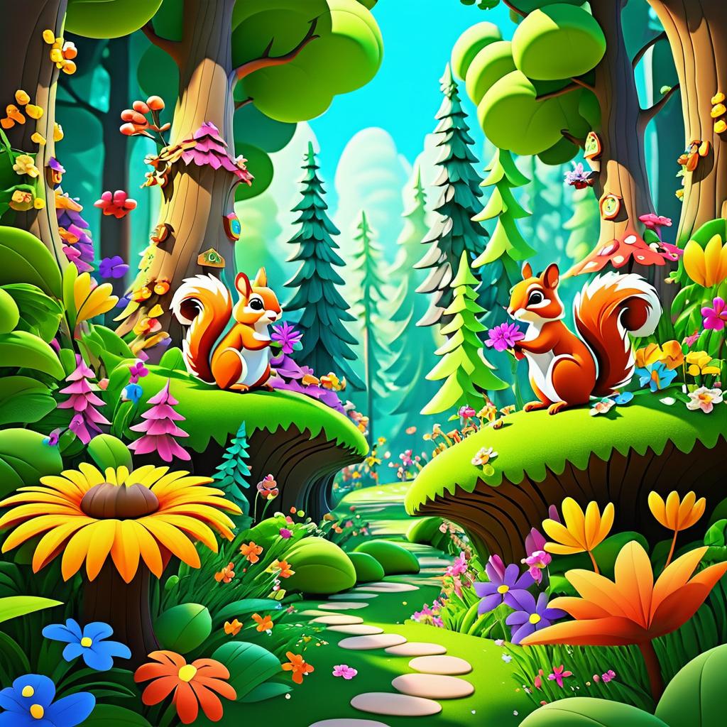 Vibrant Cartoon Forest with Mischievous Squirrels