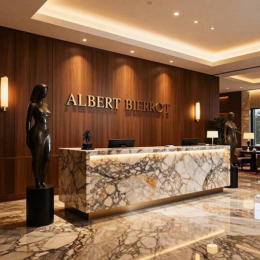 Photograph of an elegant Albert Bertha reception desk with marble countertop, wooden wall, two bronze statues, warm lighting, and polished marble floor.