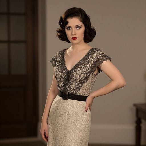 Photograph of a fair-skinned woman with dark, wavy 1940s-style hair, wearing a black lace, V-neck blouse and cream