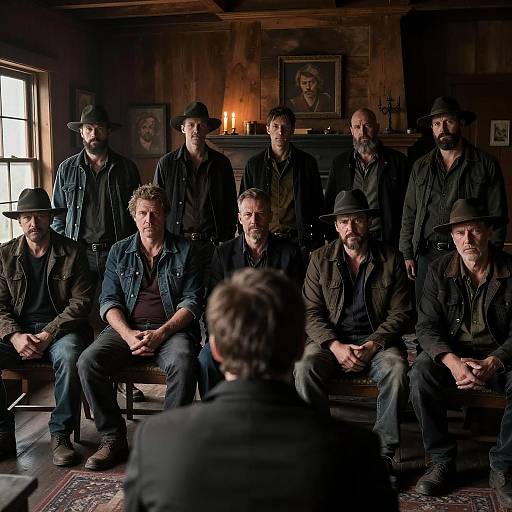 Serious Men in a Rustic Gathering