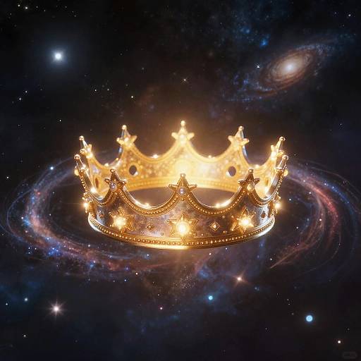Glowing golden crown with ornate, star-adorned design floating in a cosmic, star-filled space with swirling nebulae. Digital art