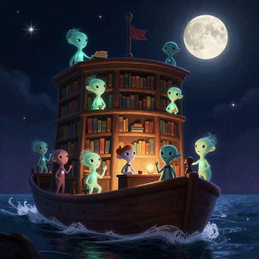 Moonlit Library Ship with Bioluminescent Alien Librarians