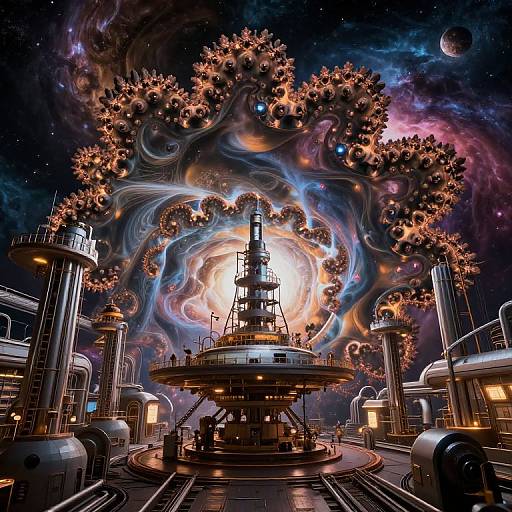 Digital artwork of a futuristic, industrial space station with swirling, fiery cosmic clouds in the background, surrounded by tall, metallic structures. Bright, glowing lights