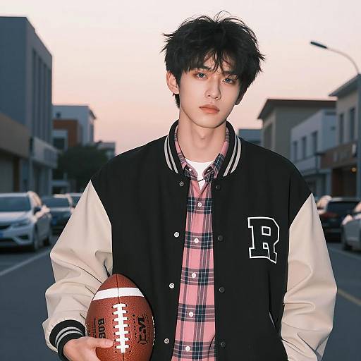 Young Man in Varsity Jacket at Sunset