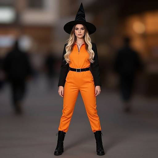 Photograph of a blonde woman in an orange jumpsuit, black long-sleeve top, black witch hat, and boots, standing confidently on a