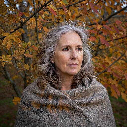 Photograph of an older woman with gray wavy hair, wearing a brown woolen cloak, standing against a backdrop of autumn leaves.