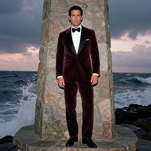 Photograph of a man in a black velvet tuxedo with a bow tie, standing in front of a stone pillar by a rocky ocean shoreline at